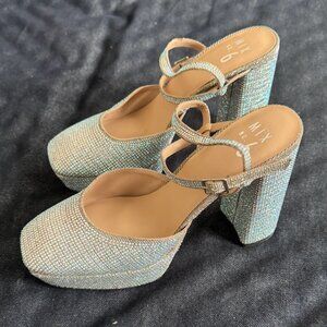 Mix No. 6 rhinestone studded platform heels (silver/ holographic) never worn NWT